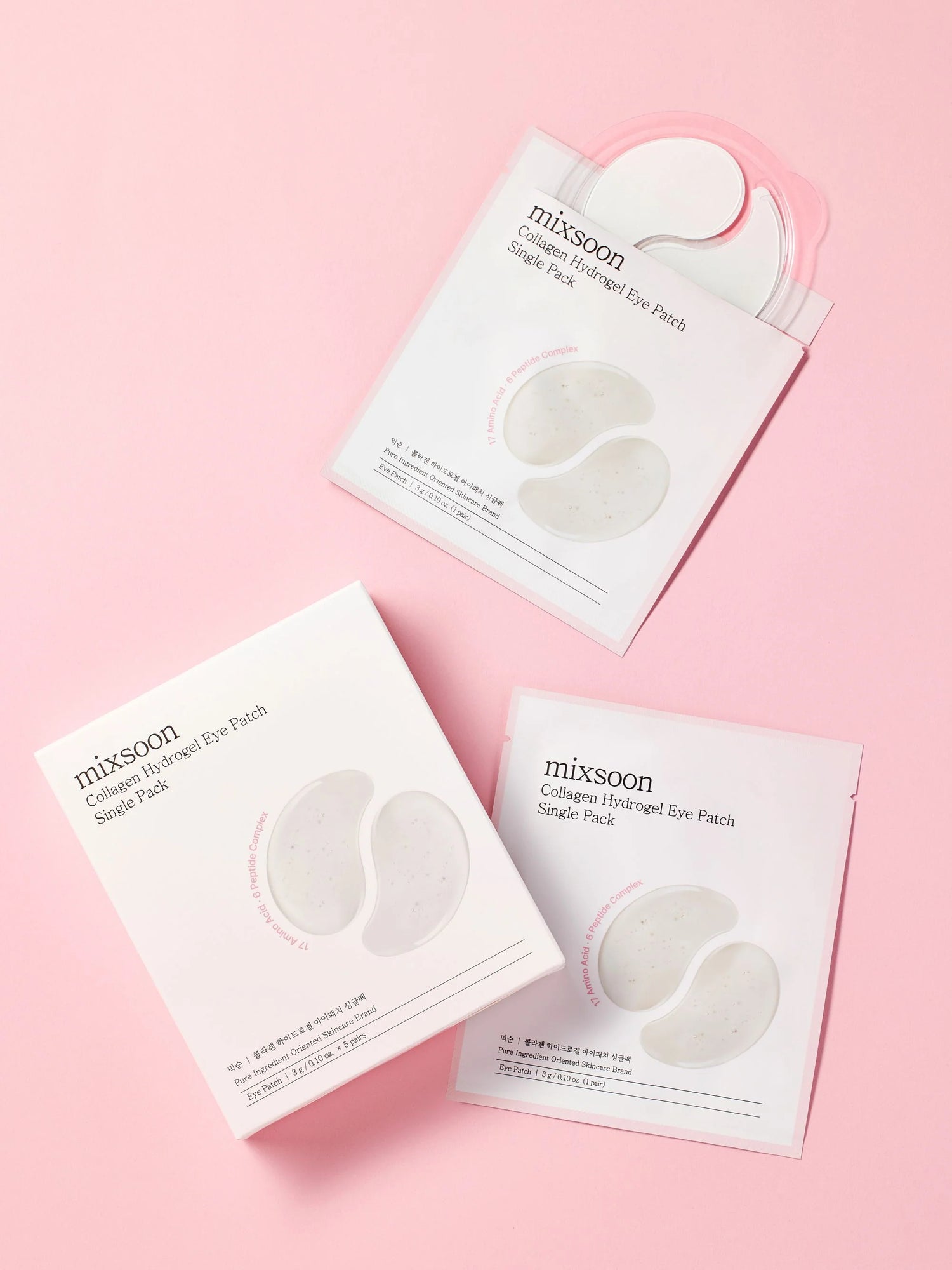 Tre confezioni Mixsoon Collagen Hydrogel Eye Patch Single Pack disposte su sfondo chiaro, con patch occhi in idrogel visibili sulla grafica
