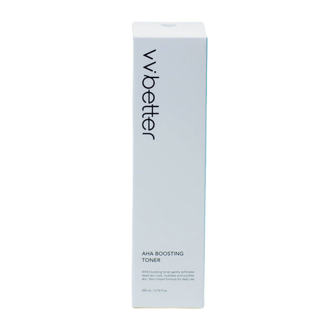 Confezione rettangolare bianca del tonico vvbetter "AHA Boosting Toner" da 200 ml, con scritte nere minimaliste e descrizione del prodotto stampata frontalmente.