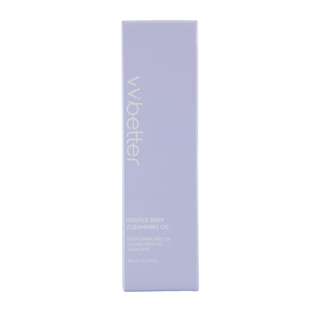 Confezione rettangolare color lavanda del vvbetter Gentle Deep Cleansing Oil. Il design minimalista riporta il nome del prodotto con gli ingredienti chiave — olio di semi di girasole, olio di jojoba e squalane — e il volume da 200 ml / 6.76 fl.oz. su sfondo bianco.